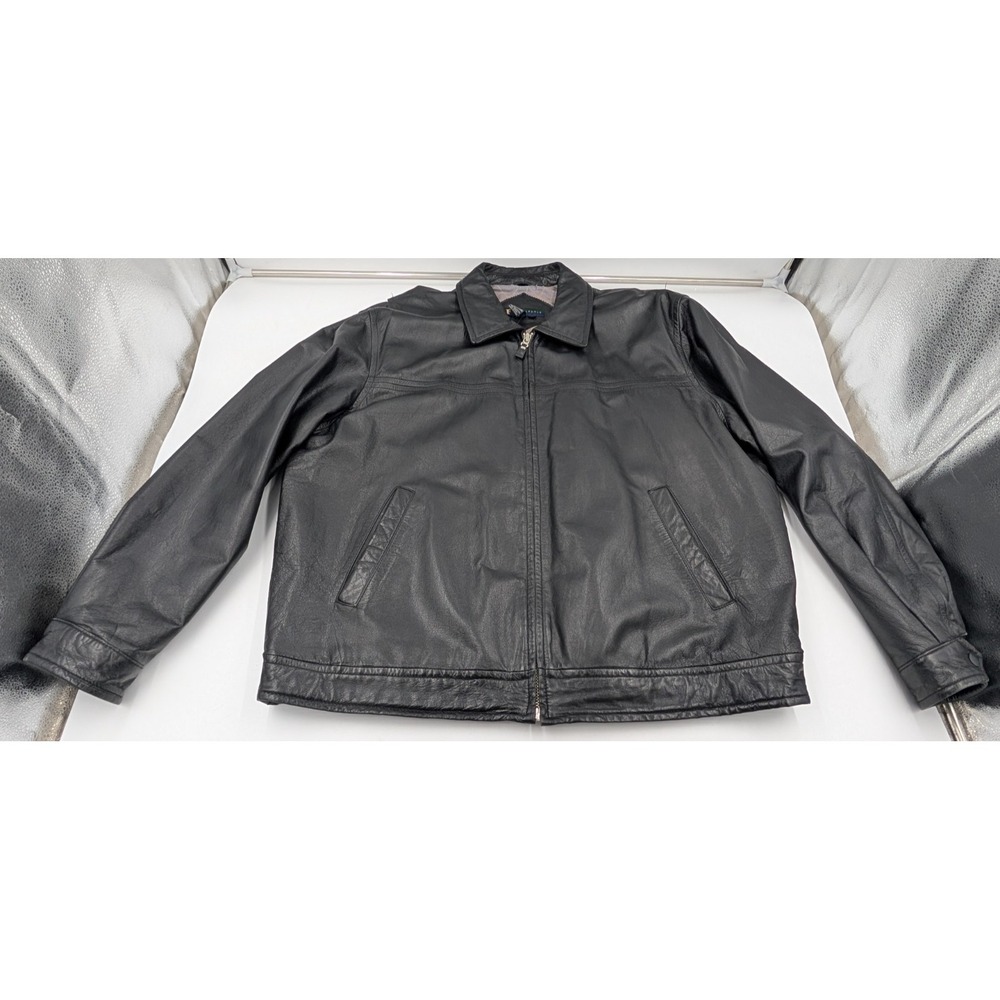 Vintage Y2K Men's Black Leather Bomber Jacket Size XL Quilt Lined R&R Casual‎